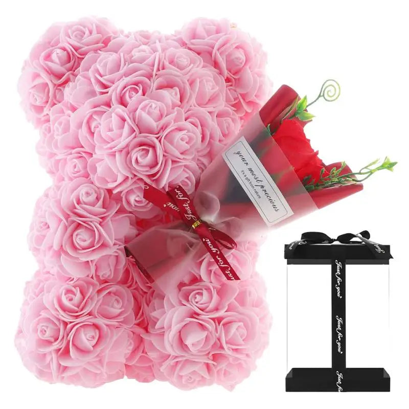 Romantic rose bear made of artificial foam flowers, a perfect Valentine's Day gift, displayed in a clear box.