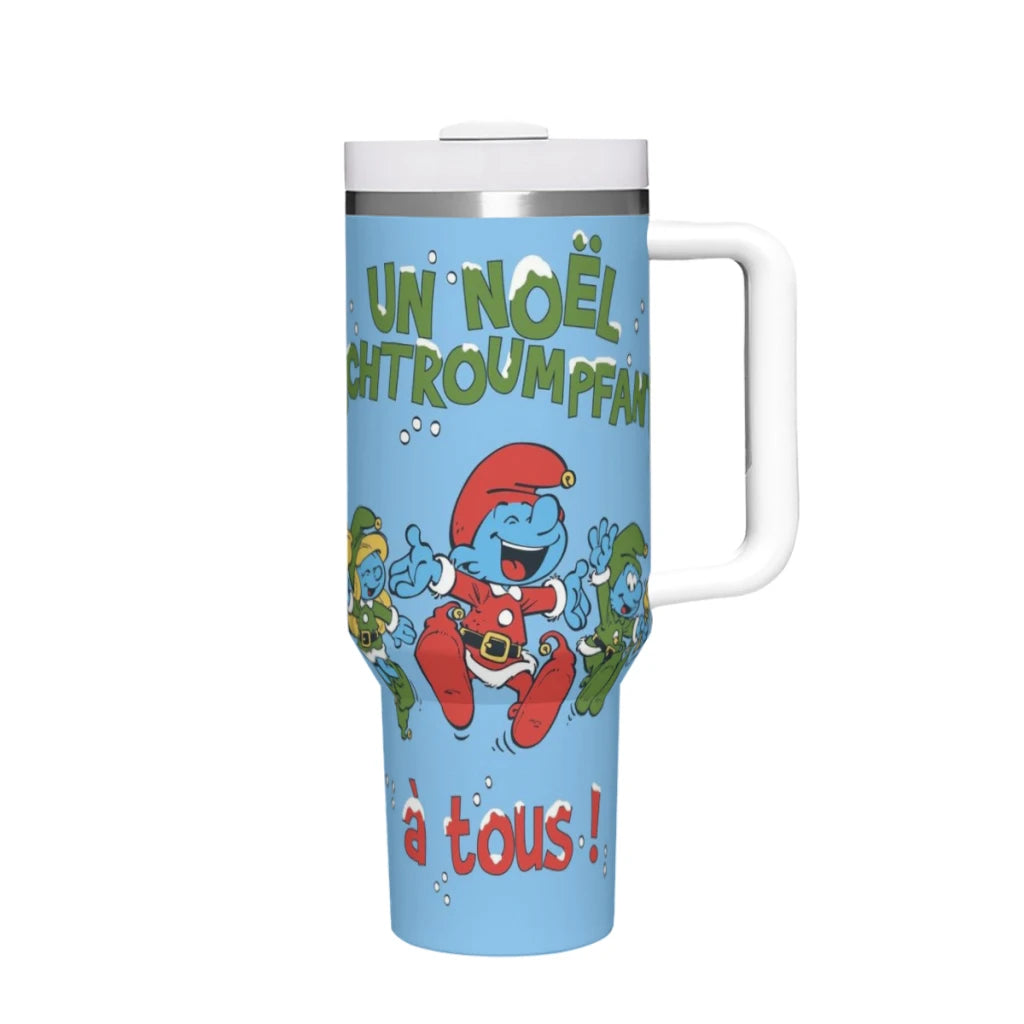 Insulated Smurfs tumbler, 40oz, stainless steel, with straw.