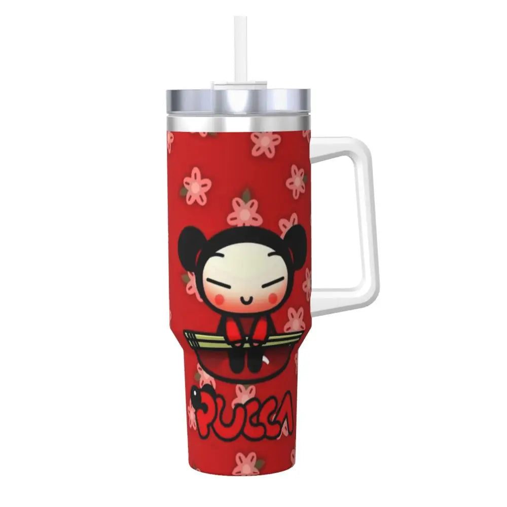 Green Pucca stainless steel 40oz insulated tumbler with handle & straw.