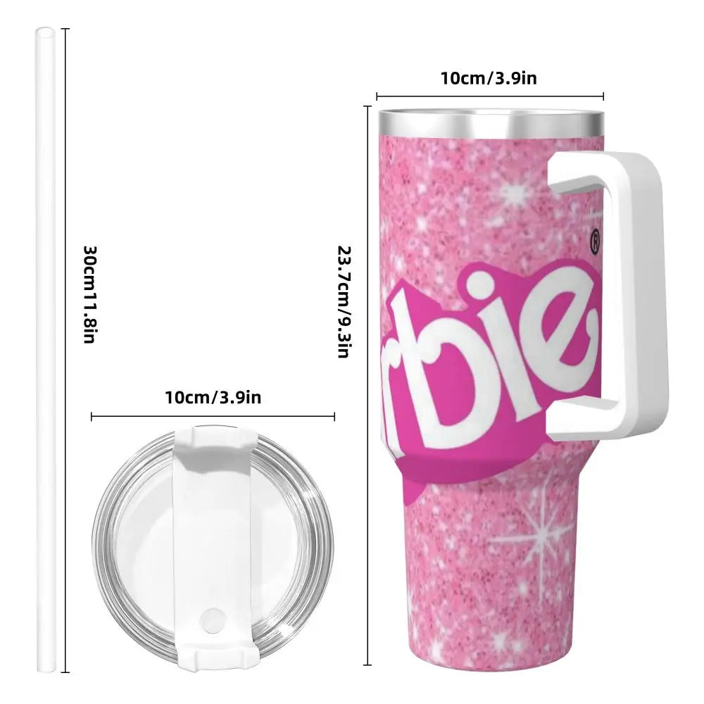 Barbie 40 oz Tumbler by MINISO, Insulated Stainless Steel, Pink, with Handle