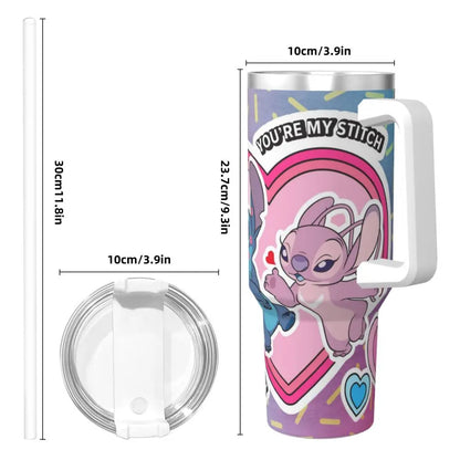 Stitch-themed 40oz tumbler, MINISO, base view showing non-slip bottom, insulated.