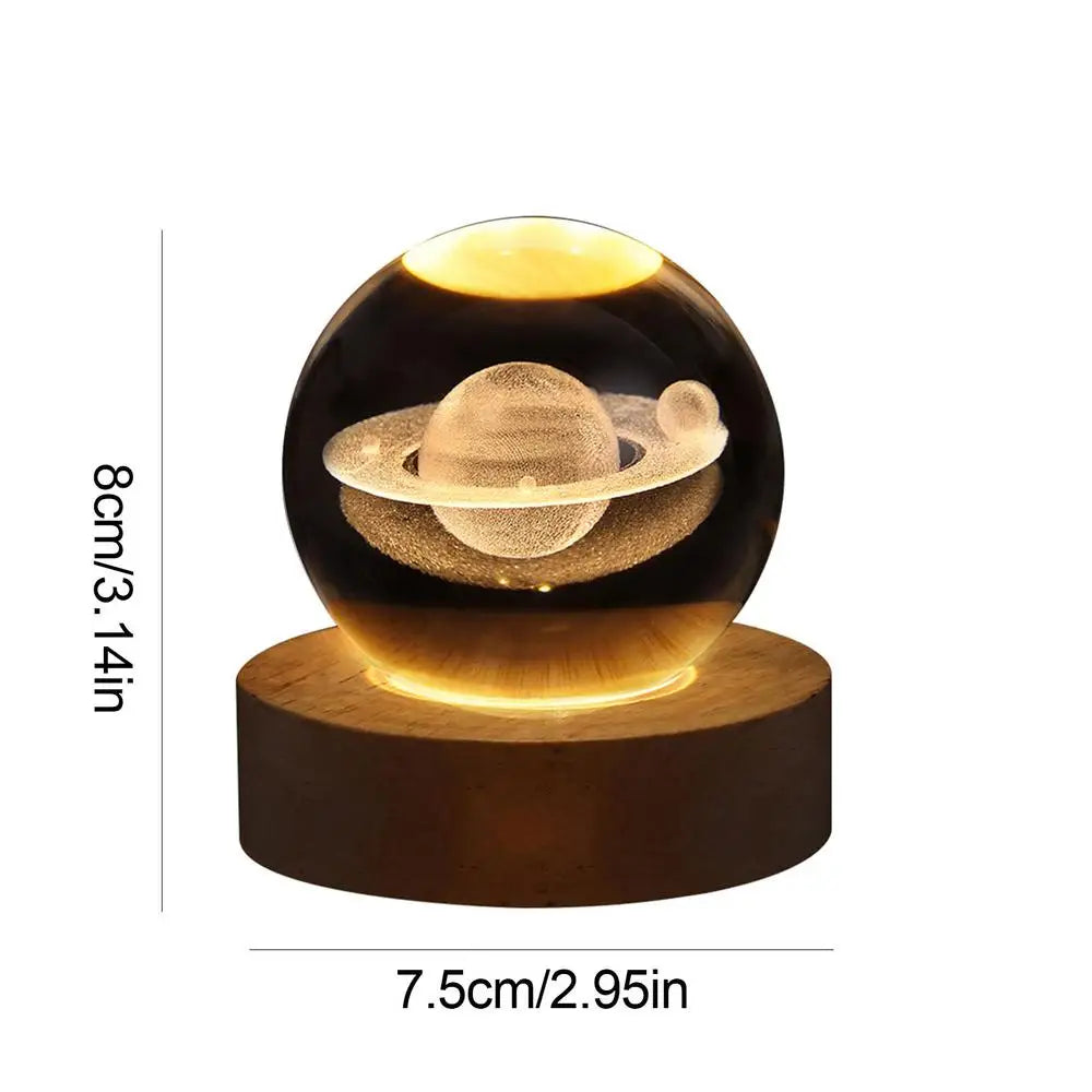 Moon Night Light, 3D Crystal Ball on Wooden Base, Ambient Lighting