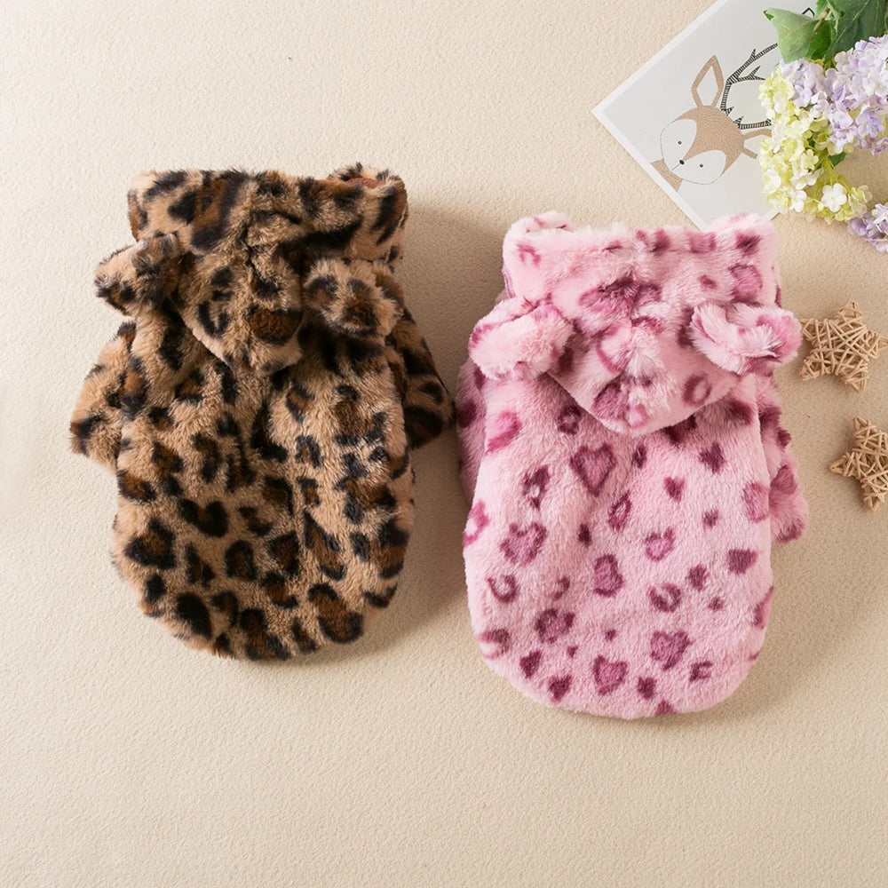 Winter Plush Pet Dog Clothes Leopard Print Pet Hoodies Warm Coat Puppy Jacket French Bulldog Dog Clothing For Small Medium Dogs