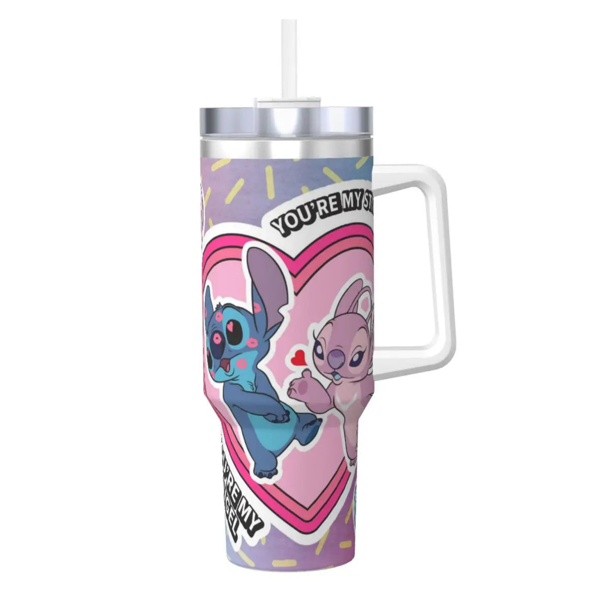 MINISO Stitch 40oz insulated tumbler with handle and straw, perfect for Disney fans.