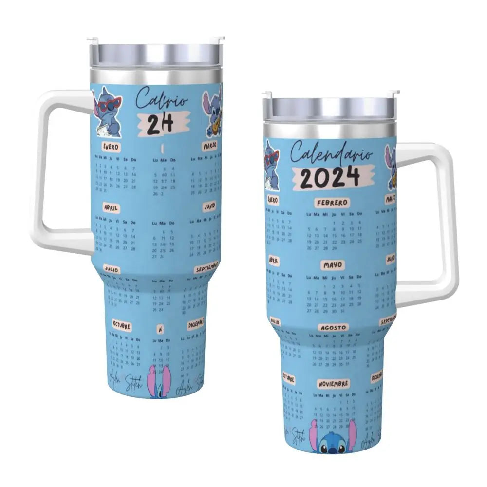 MINISO Stitch 40oz tumbler, close-up on Stitch graphic, insulated with handle and straw.