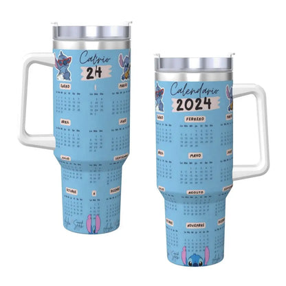 MINISO Stitch 40oz tumbler, close-up on Stitch graphic, insulated with handle and straw.