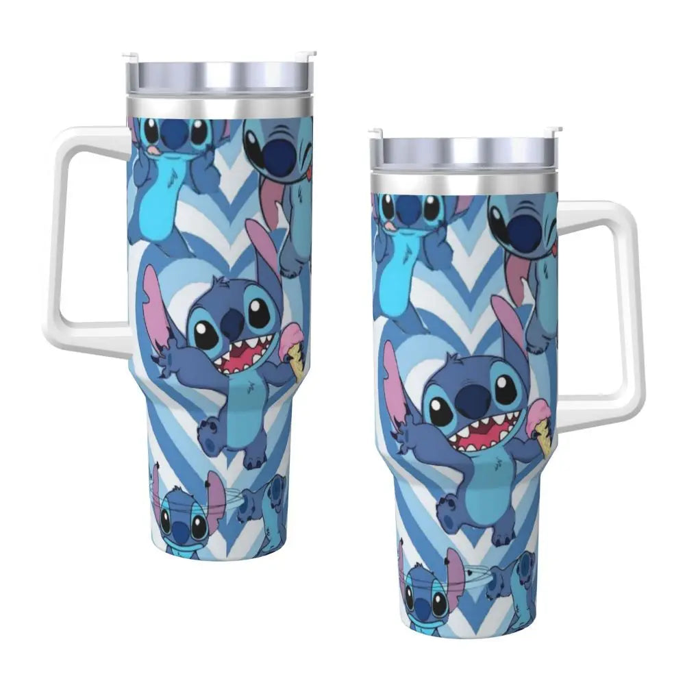 Stitch-themed 40oz tumbler, MINISO, base view showing non-slip bottom, insulated.