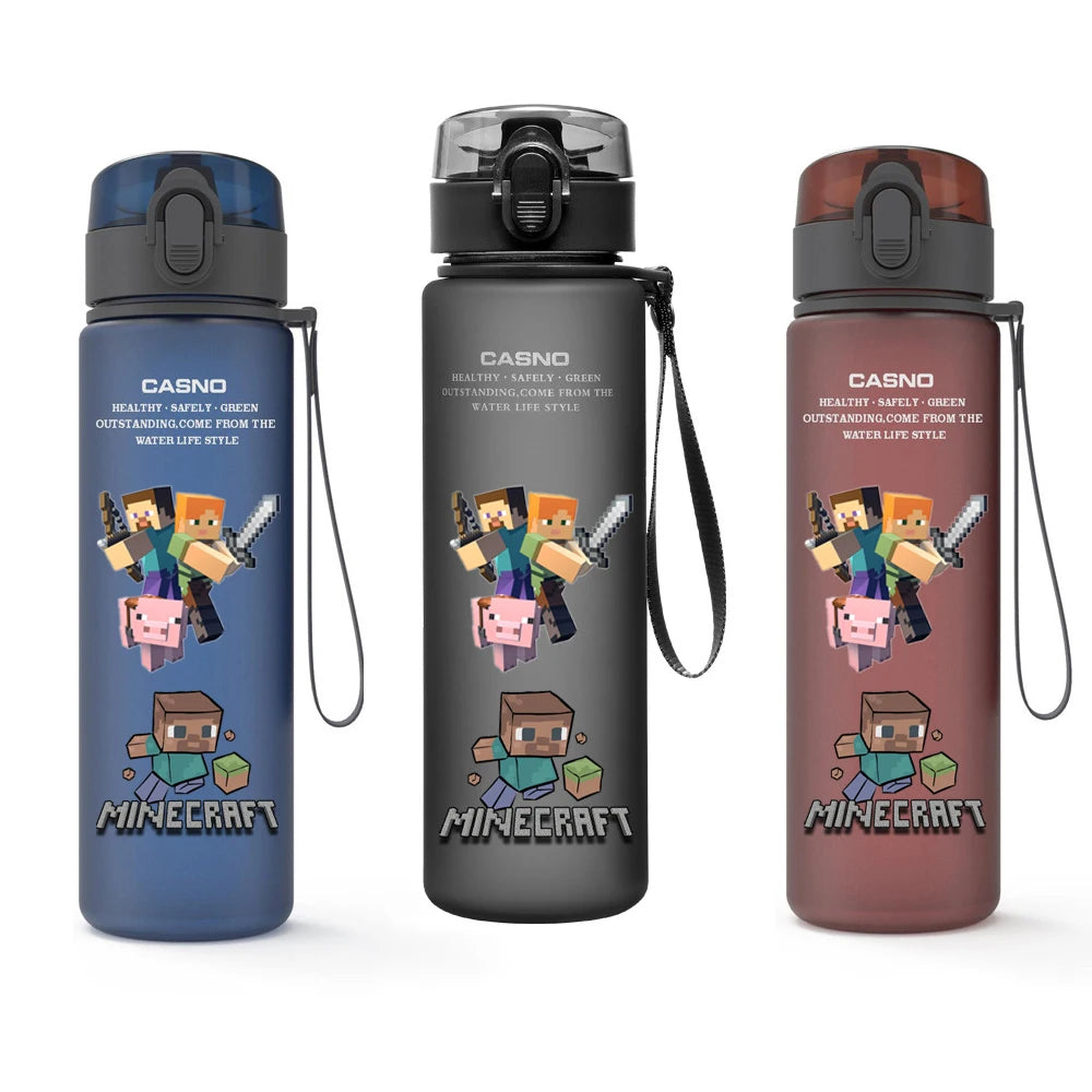 MINISO Minecraft water bottle, side view showing 560ML capacity.