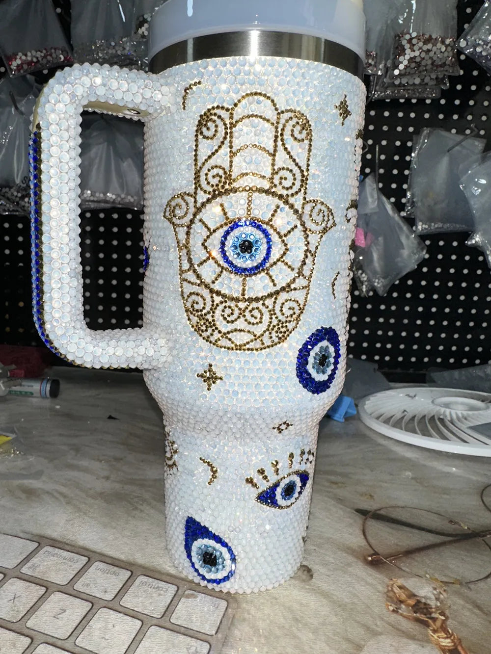 40oz Evil Eye Tumbler, Opal White, Rhinestone Detail, with Lid and Straw