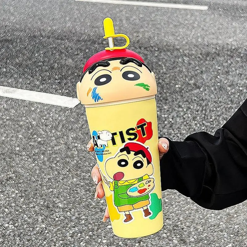 Kawaii Crayon Shin-chan Water Bottle - Green, in Hand, Demonstrating Size