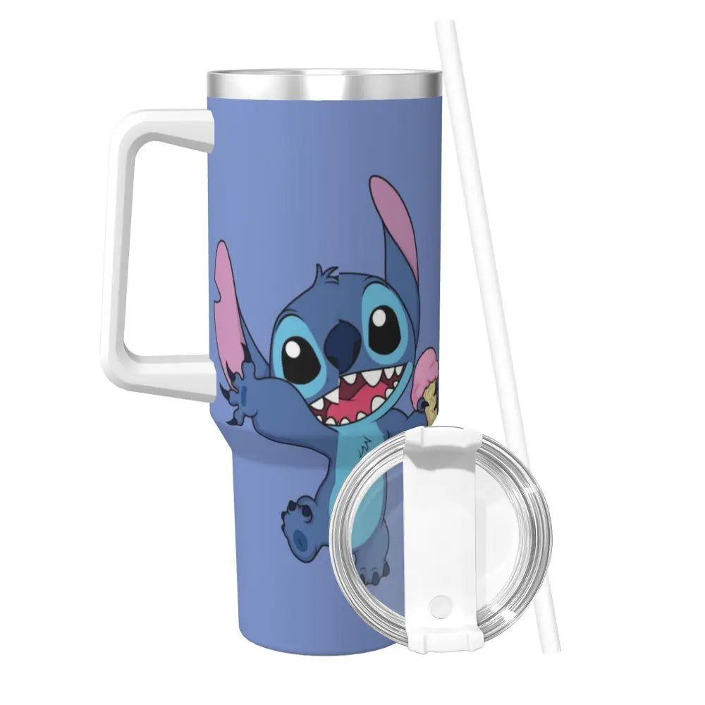 MINISO Stitch 40oz tumbler, close-up on Stitch graphic, insulated with handle and straw.