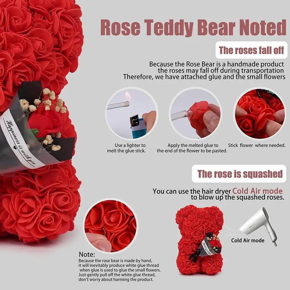 Red rose bear, close-up on foam roses, Valentine's Day gift idea