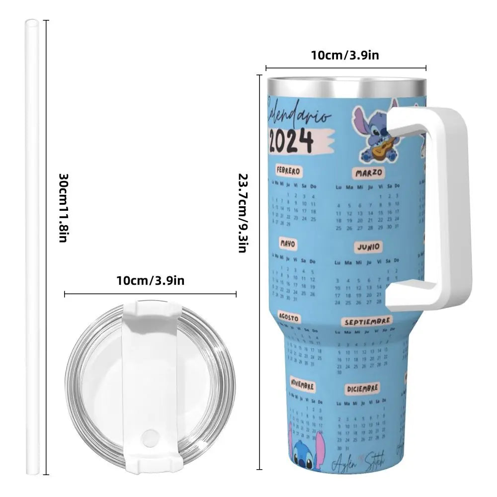 MINISO Disney Stitch tumbler, 40oz capacity, insulated, featuring straw and handle, angled view.