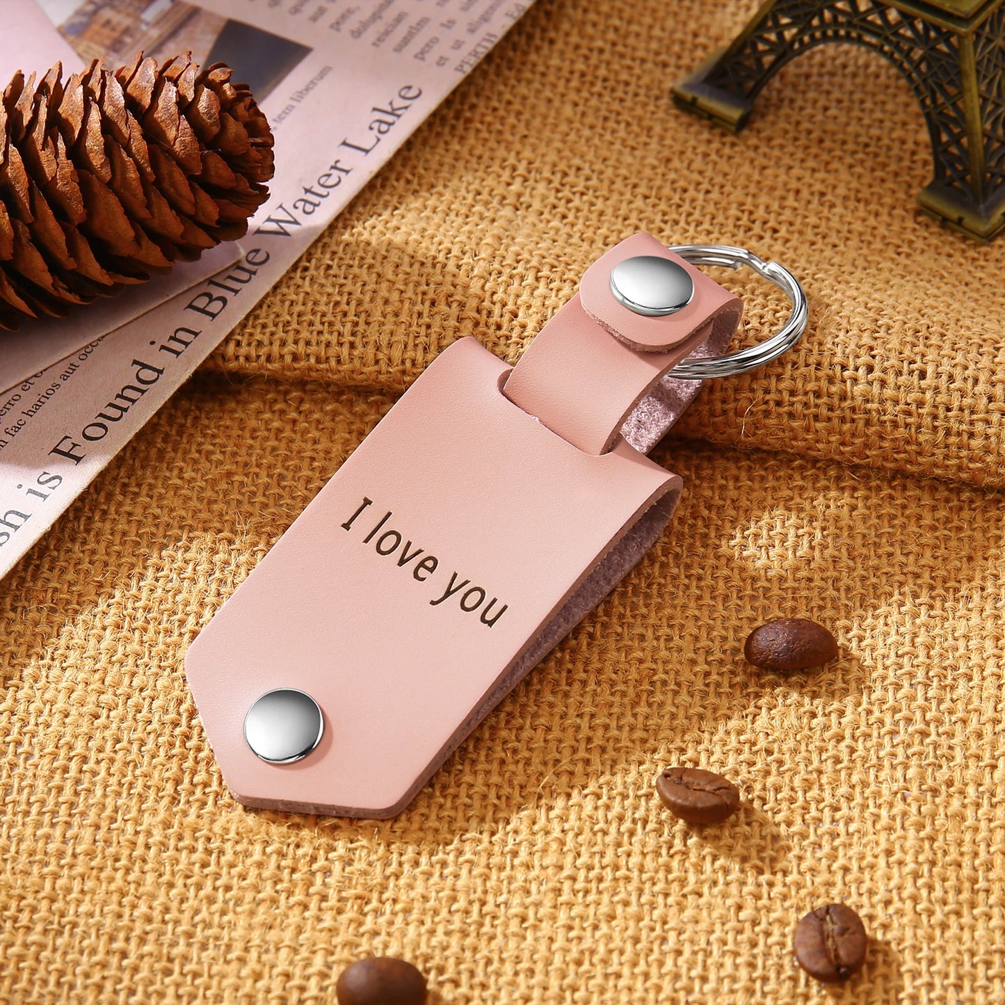 Pink leather heart keychain, engraved photo, stainless steel ring, personalized gift.