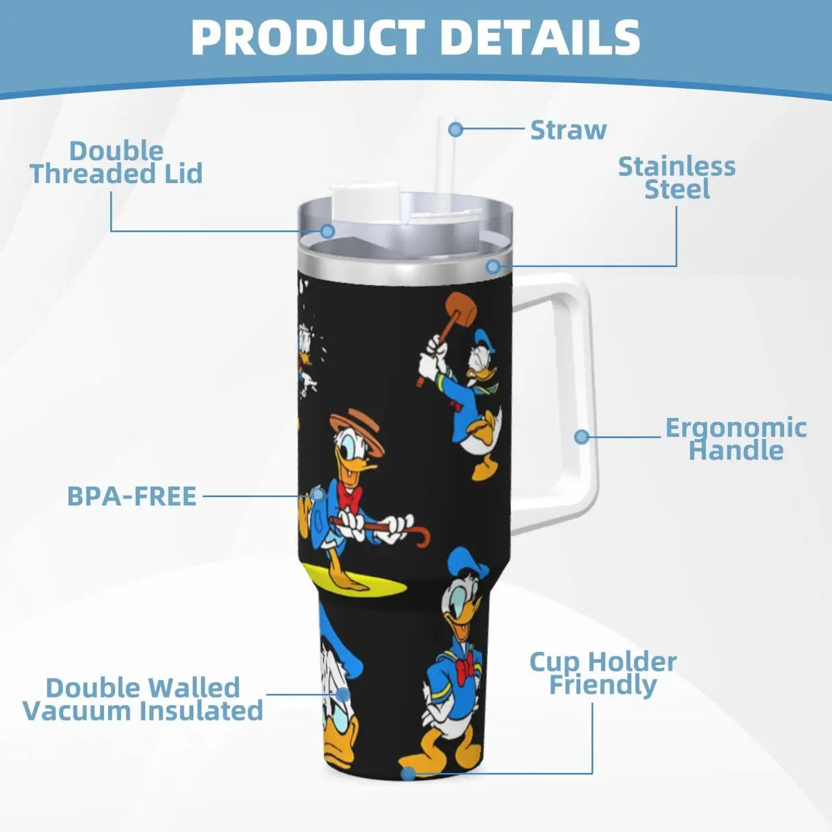 MINISO Donald Duck Tumbler -Leakproof Lid in Action - This alt text demonstrates a key selling point (leakproof) and adds action to the description, making it more engaging.