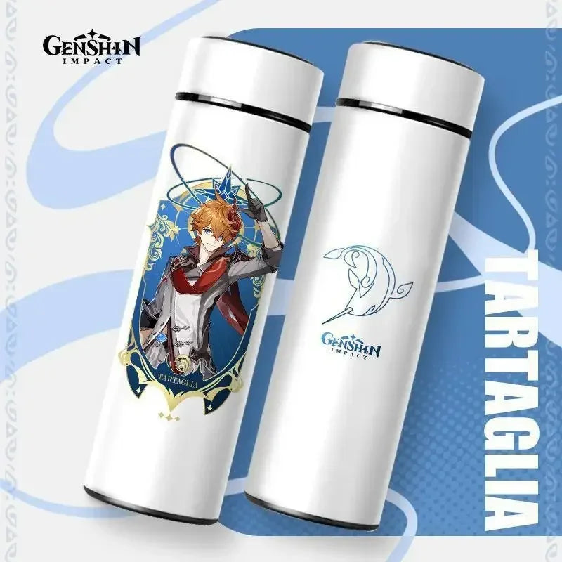 White 500ml Genshin Impact Thermos, Stainless Steel, Temperature Readout.