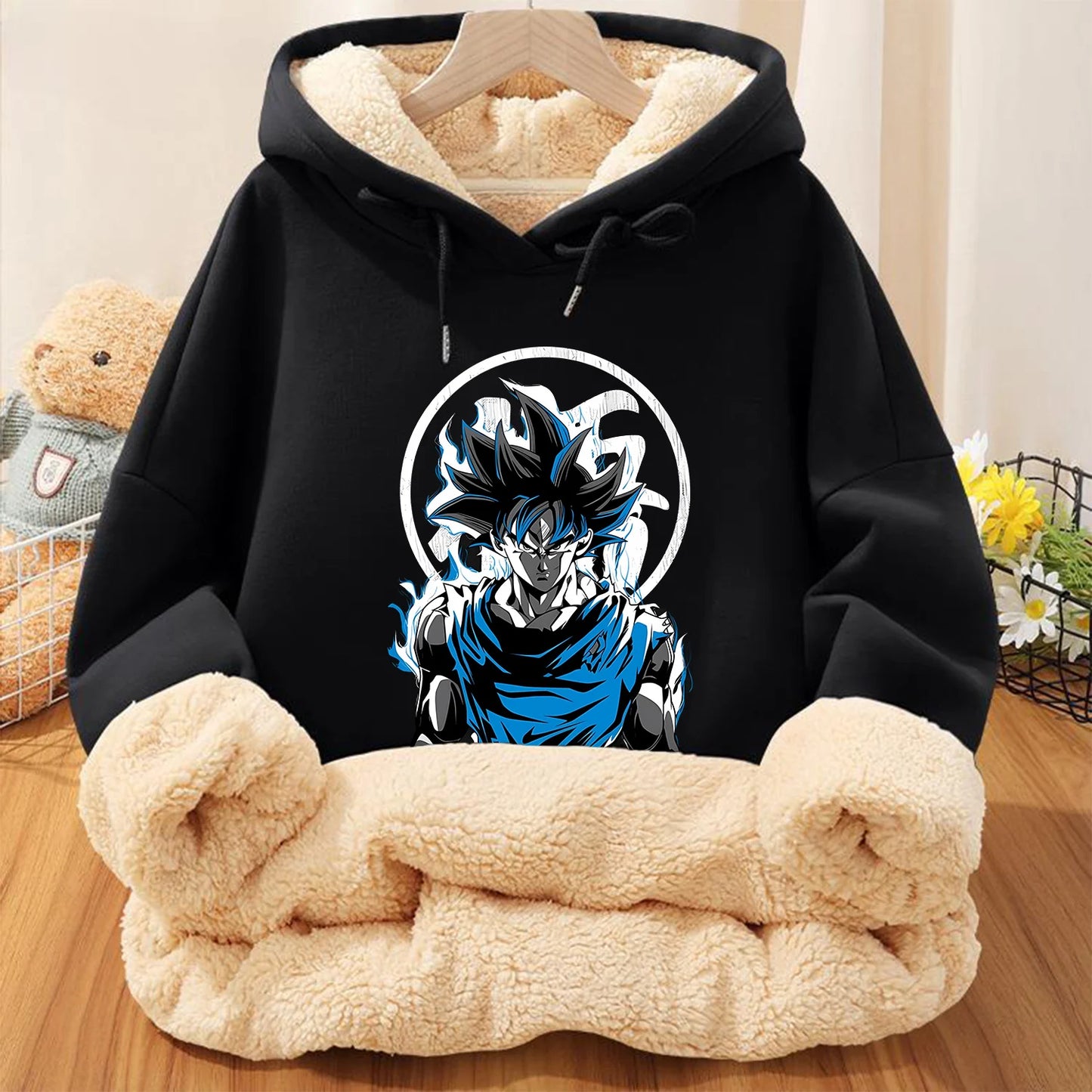 Dragon Ball Z Goku hoodie for kids, front view, Goku charging a Kamehameha, black fleece, official Bandai.