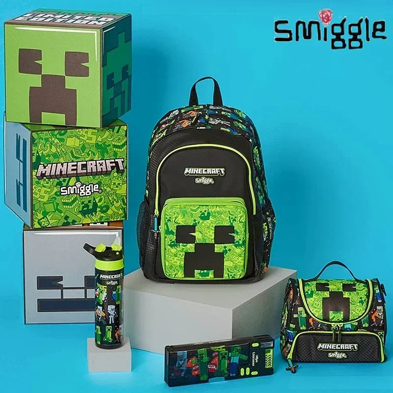 Official Minecraft Smiggle school set featuring backpack, lunch bag, pencil case, water bottle, and wallet