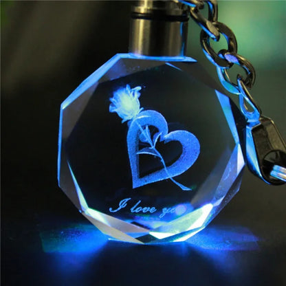 Engraved Crystal Keychain, 3D Heart, LED Light, Valentine's