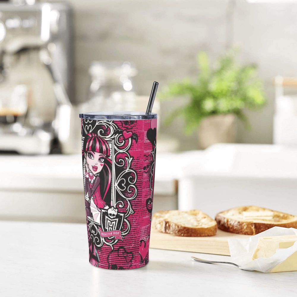 Draculaura themed stainless steel tumbler, 20oz, pink and black, with lid.