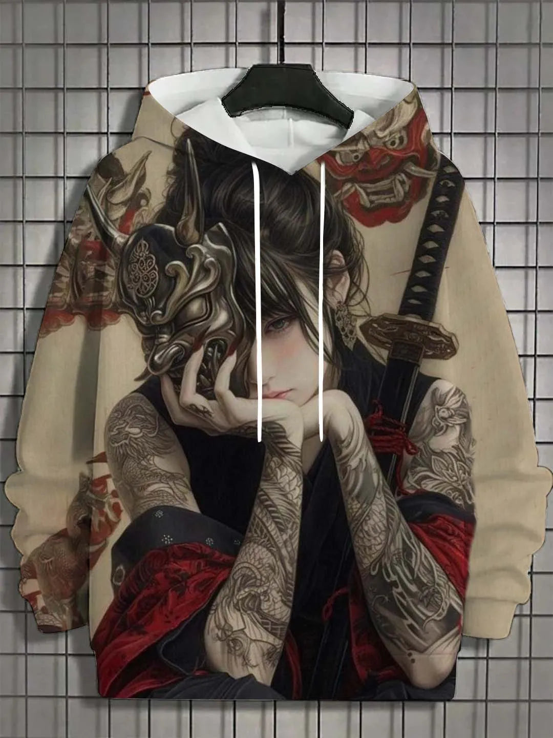 Men's hoodie, bad girl design, detail of sleeve print, spring/autumn wear.