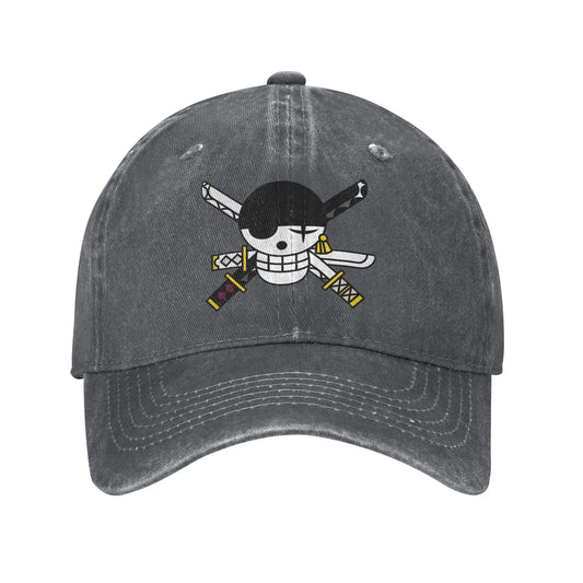 One Piece Zoro Roronoa design on a stylish distressed denim baseball cap