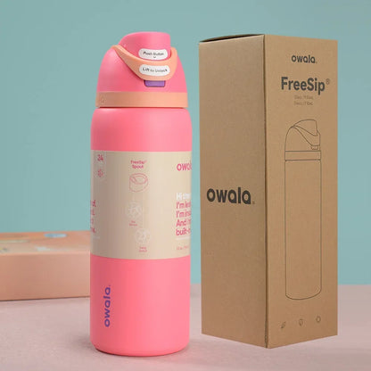 Owala Water Bottle, 32oz, Papaya - Showing Carry Loop and FreeSip Lid