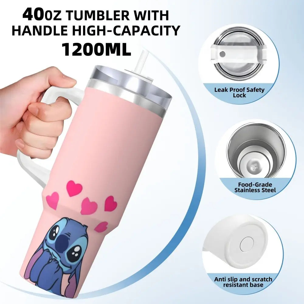 Stitch-themed 40oz tumbler, MINISO, base view showing non-slip bottom, insulated.