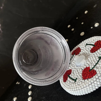 Cherry design tumbler, 22oz white, with rhinestones, handmade, straw included.