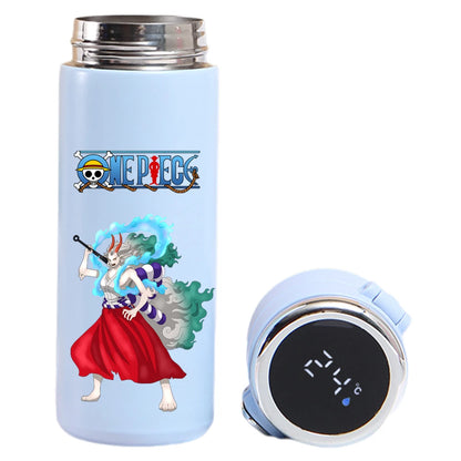 One Piece thermos: Luffy, Uta, Yamato design, smart temperature display.