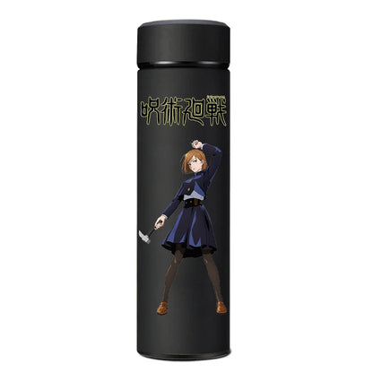 Jujutsu Kaisen thermos, close-up on Gojo, Nobara, and Yuji artwork.