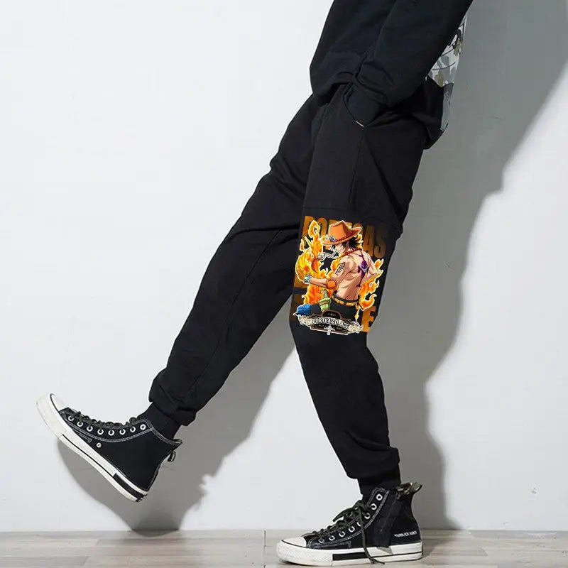 Men's anime sweatpants, plus size, loose fit, hip-hop, 9-point, applique details.