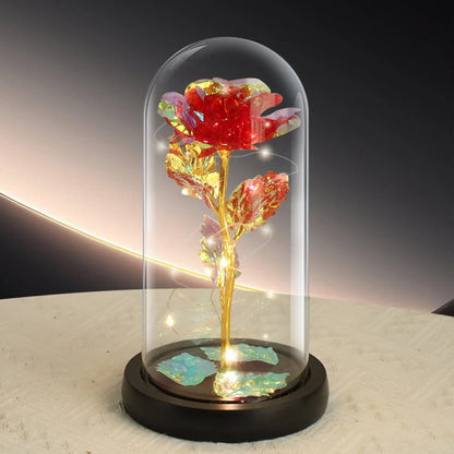 Romantic gift: Single preserved rose under glass, LED ambiance.