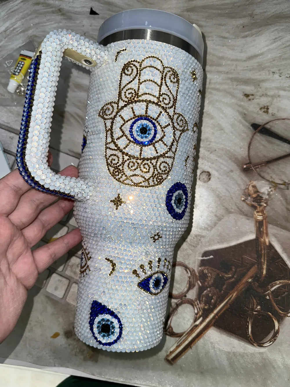 40oz Evil Eye Tumbler, Opal White, Rhinestone Detail, with Lid and Straw