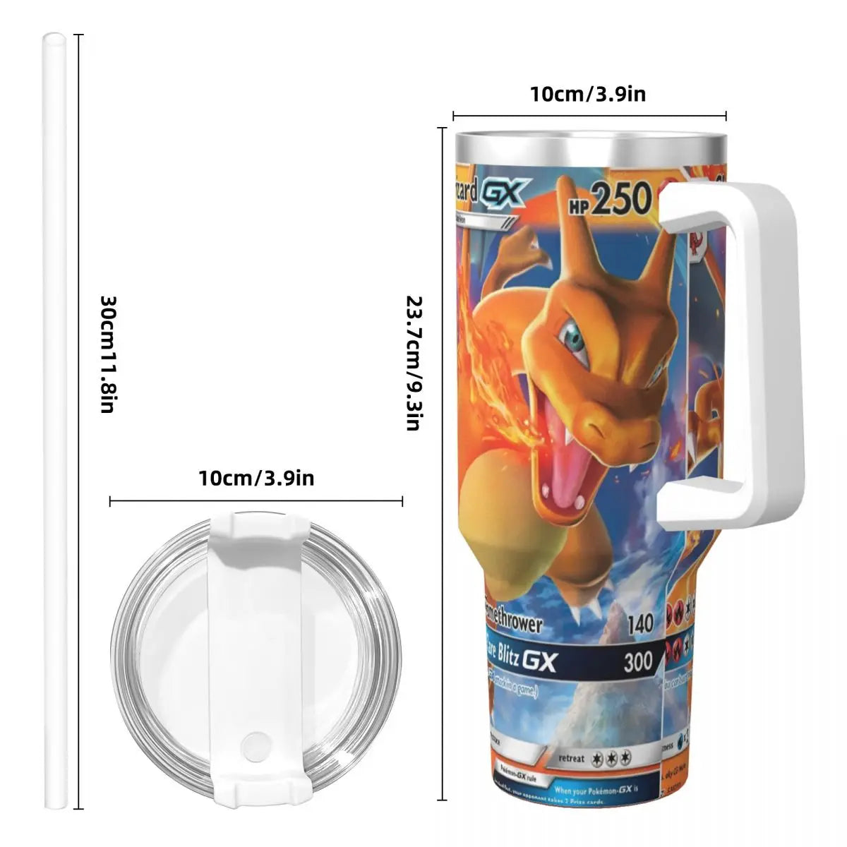 Charizard tumbler filled with iced tea:Refreshing Iced Tea in Charizard Pokemon Tumbler -Double-Walled Stainless Steel Travel Mug *Showcases usage and highlights the double-walled feature.*