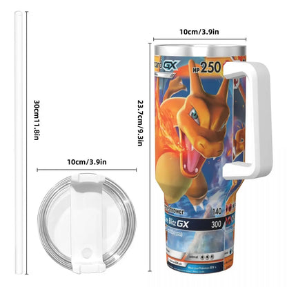 Charizard tumbler filled with iced tea:Refreshing Iced Tea in Charizard Pokemon Tumbler -Double-Walled Stainless Steel Travel Mug *Showcases usage and highlights the double-walled feature.*