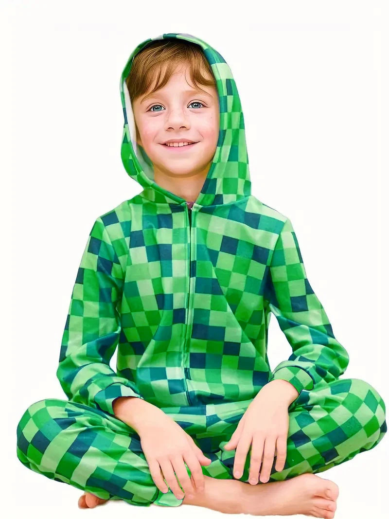 Minecraft Creeper costume, green pixelated, boys size small