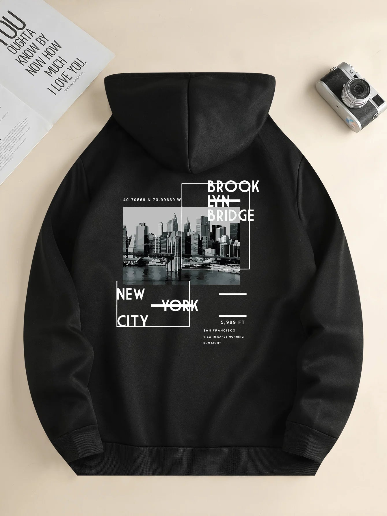 Men's hoodie, flat lay, city print, unique Valentine's gift.