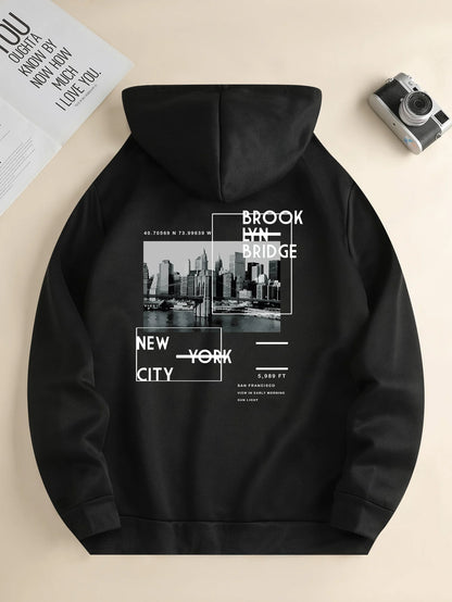 Men's hoodie, flat lay, city print, unique Valentine's gift.