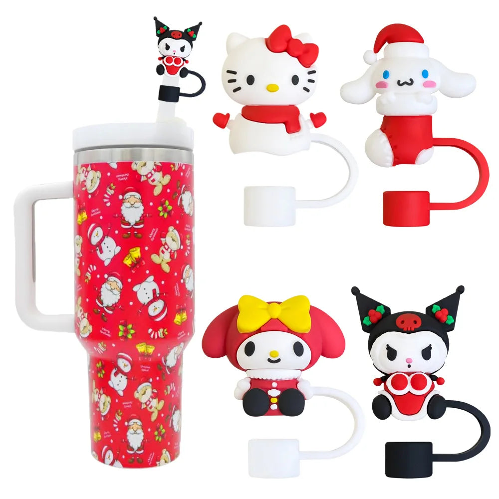 Festive Hello Kitty straw cover, red and white Santa outfit, 10mm straw accessory