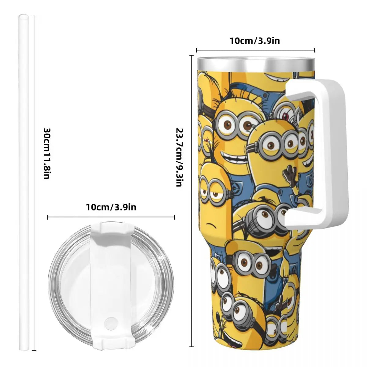 Minions tumbler, side view, showing stainless steel body and lid, with straw inserted.