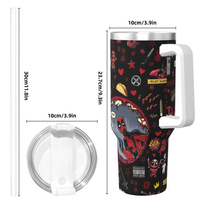 "Close-up: Deadpool's iconic mask grins from this stainless steel tumbler, perfect for chimichangas and maximum effort hydration." (Focuses on design detail and Deadpool's personality, incorporating a playful reference to the character.)