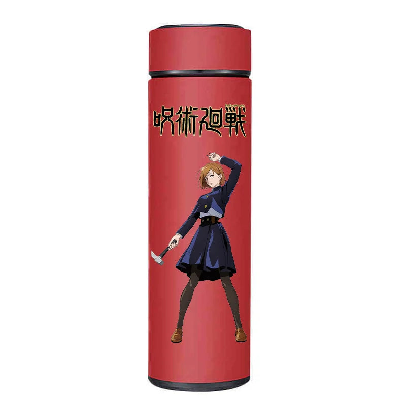 Jujutsu Kaisen thermos, close-up on Gojo, Nobara, and Yuji artwork.