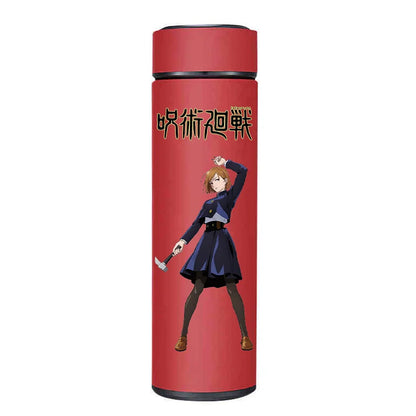 Jujutsu Kaisen thermos, close-up on Gojo, Nobara, and Yuji artwork.