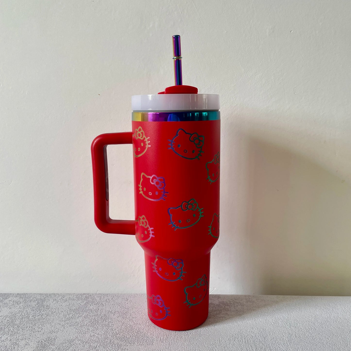 Hello Kitty design on 40oz insulated tumbler, detail.