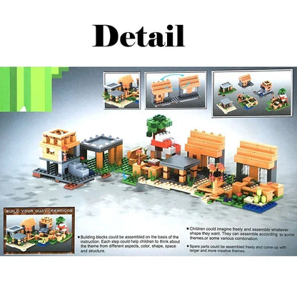 Minecraft Village Set 21128: building blocks, assembled garden with crops and a path.