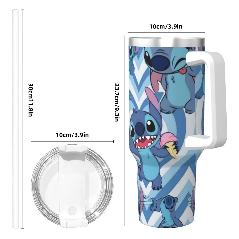 Stitch 40oz insulated tumbler by MINISO, side view showcasing handle and straw.