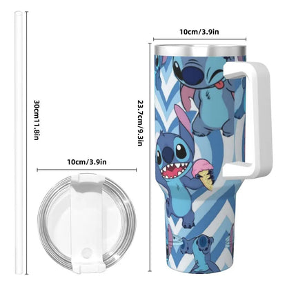 Stitch 40oz insulated tumbler by MINISO, side view showcasing handle and straw.