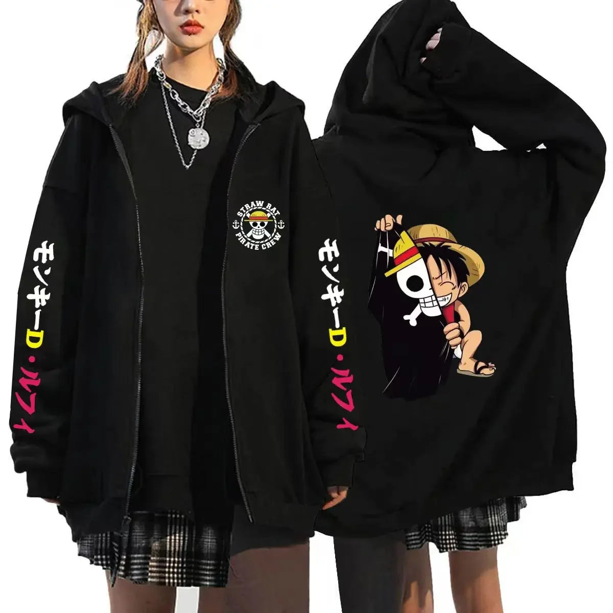 Luffy and Zoro black zip-up hoodie, front view, dynamic action print.