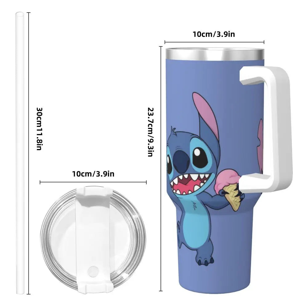 Top view of MINISO Stitch 40oz tumbler, lid and straw detail, insulated for hot and cold.